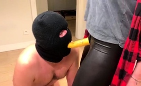 Milf Mistress Makes Masked Slave Worship Strapon Dildo