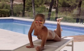 Teen Beauty Oils Up Her Sexy Slim Body And Poses Poolside