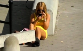 Striking Blonde Teen With Sexy Legs Voyeur Upskirt Outside