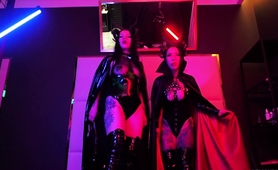 Curvy Japanese goddesses posing in tight black outfits